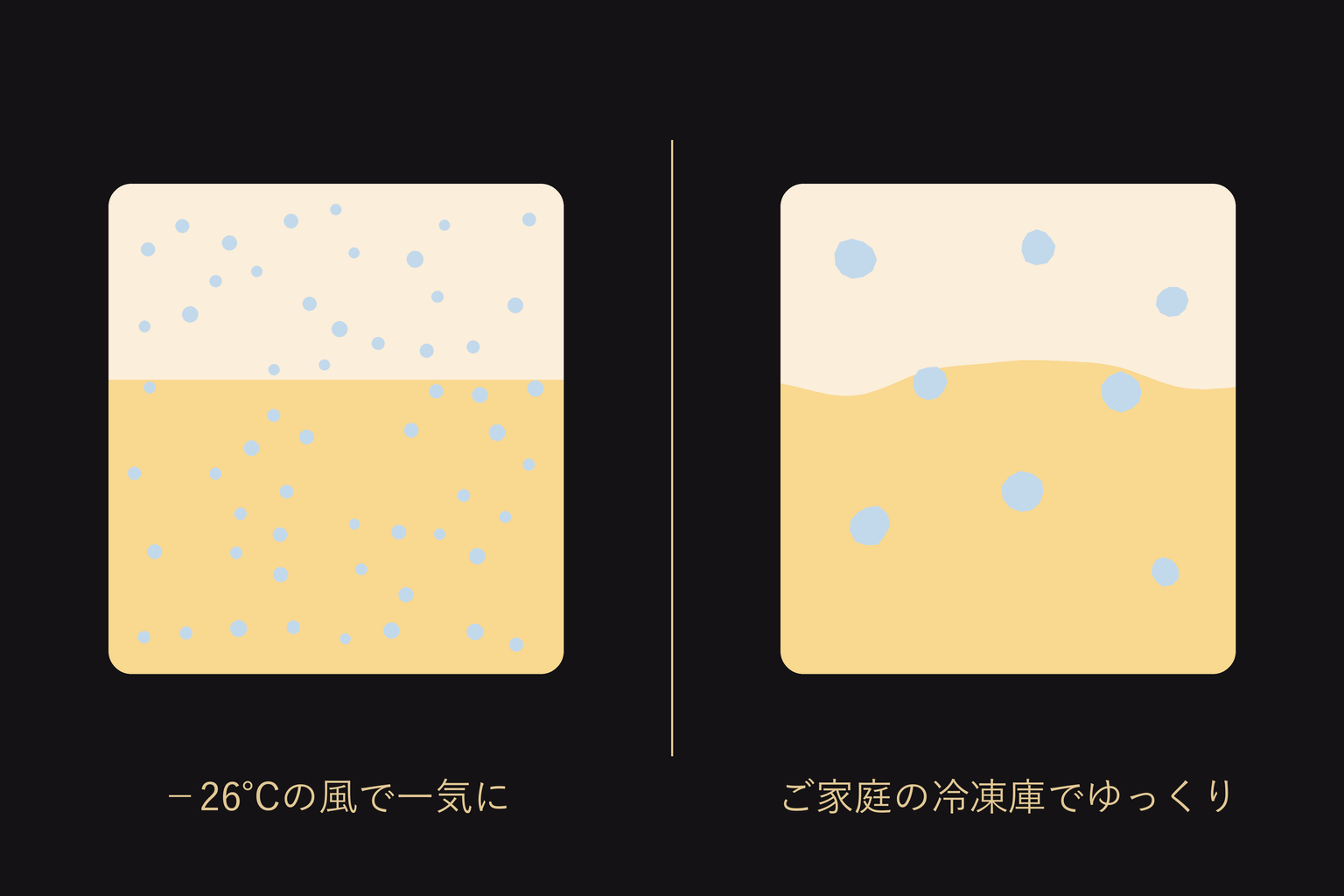−26℃の風で一気に凍らせると氷の粒が細かいまま、ご家庭の冷凍庫でゆっくり凍ると粒が大きく育つことを示した図解