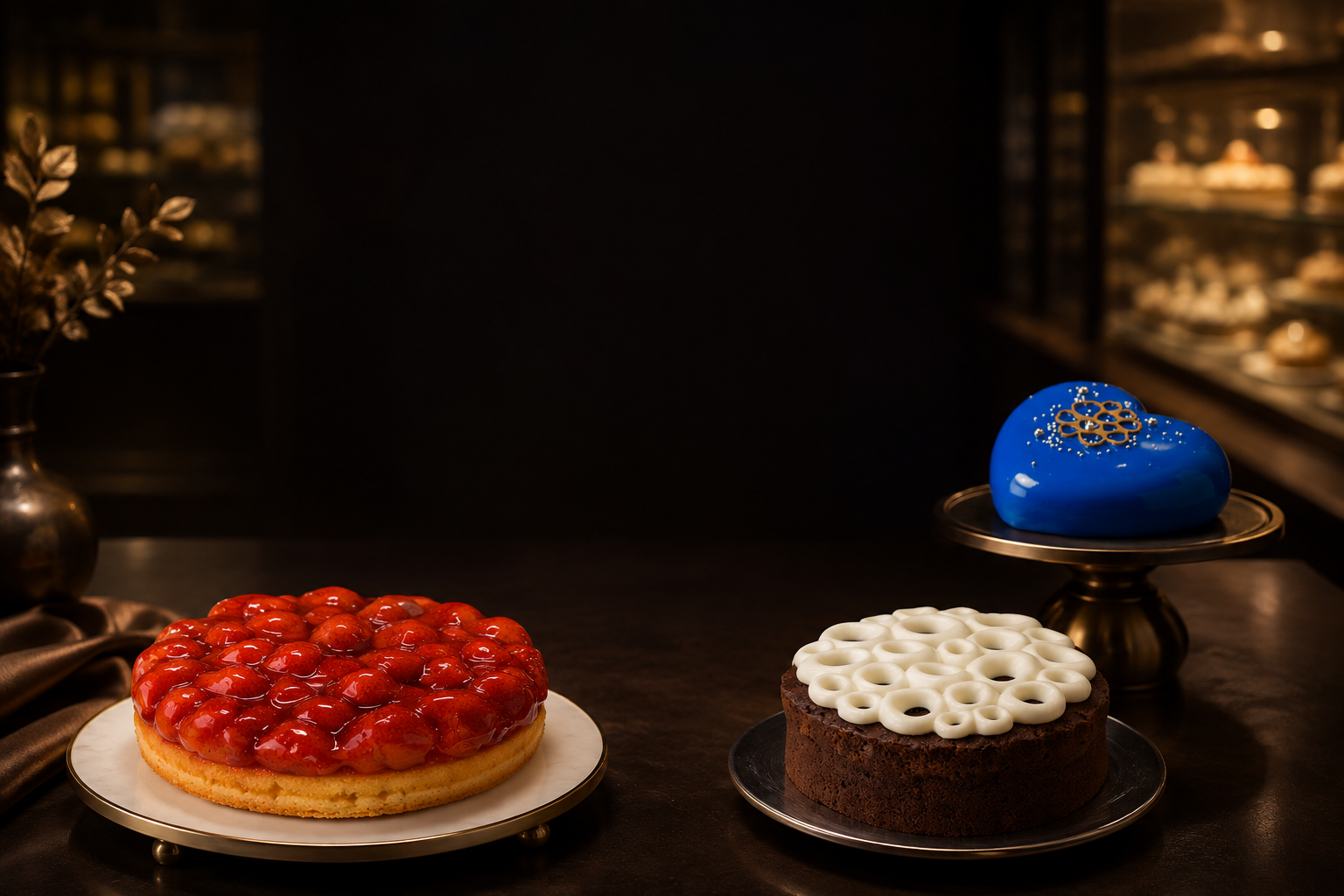 3種類のホールケーキが並ぶ、夜のパティスリーのカウンター